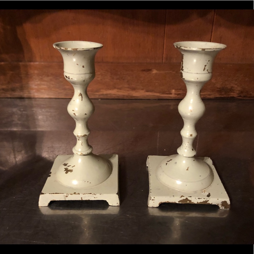 Light grey painted distressed brass candlesticks